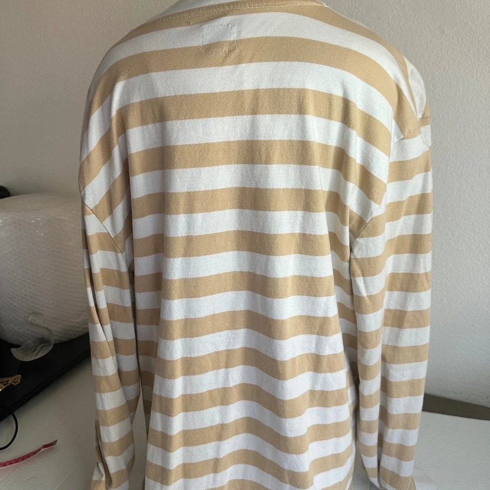 Guess Long Sleeve T-Shirt Mens Large Tan White‎ Striped Embroidered Logo